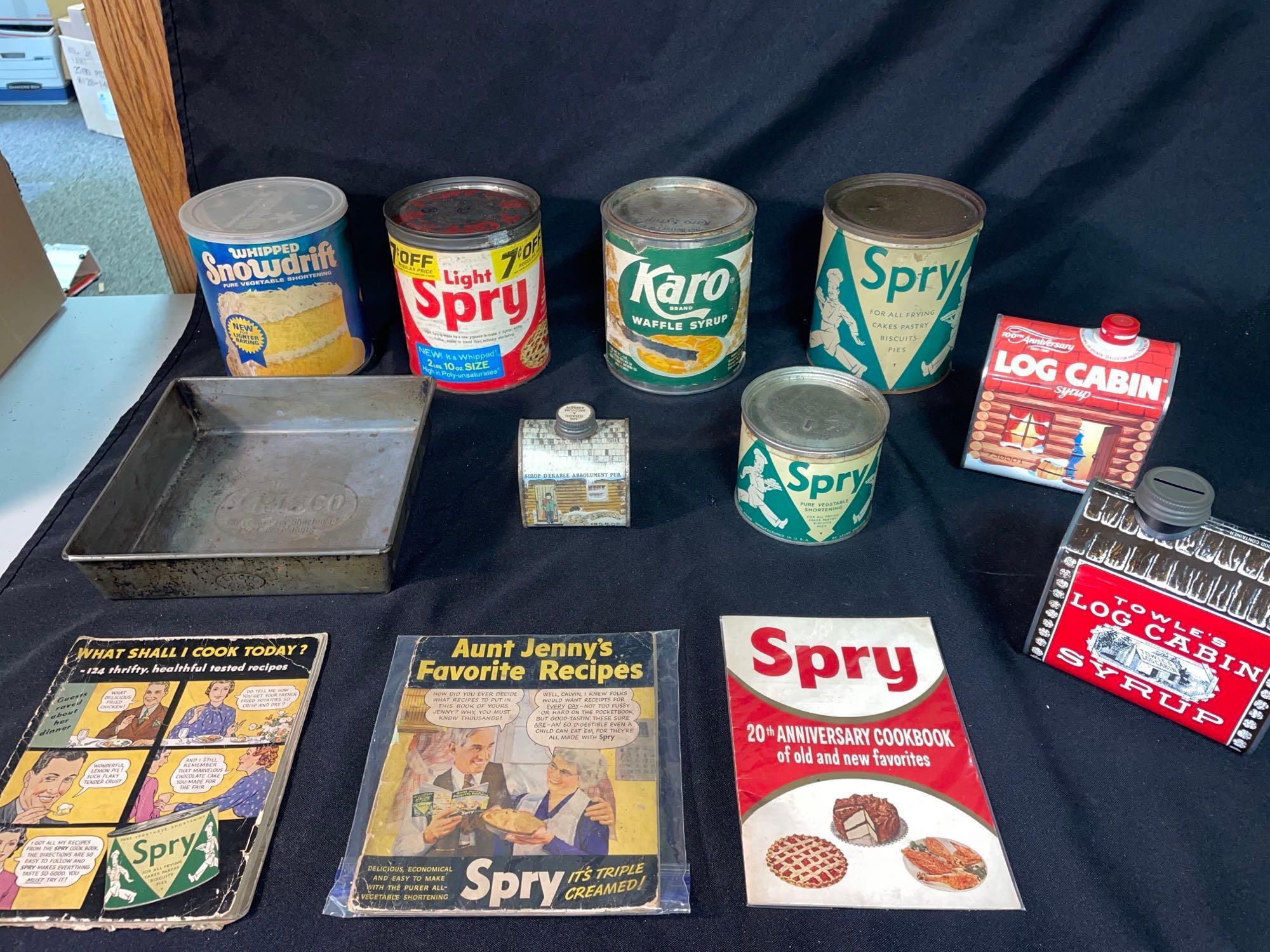 Spry cook books, cans, money bank, Crisco cake pan