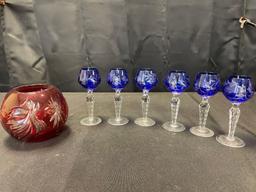 Bohemian Glass cordials, Lenox cut glass bowl