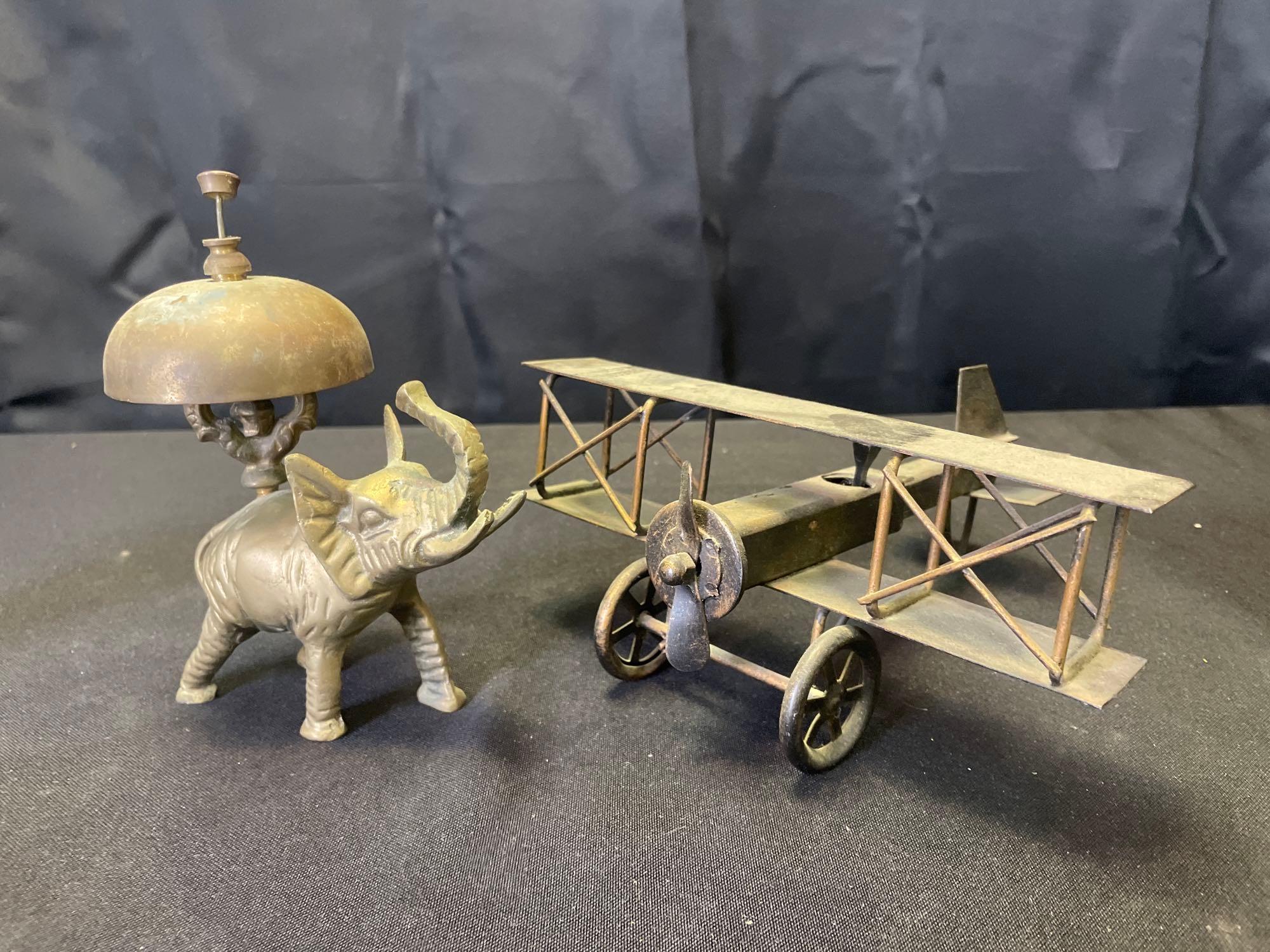 Copper etching, (2) Billy yank sculptures, brass Elephant, airplane, decanter
