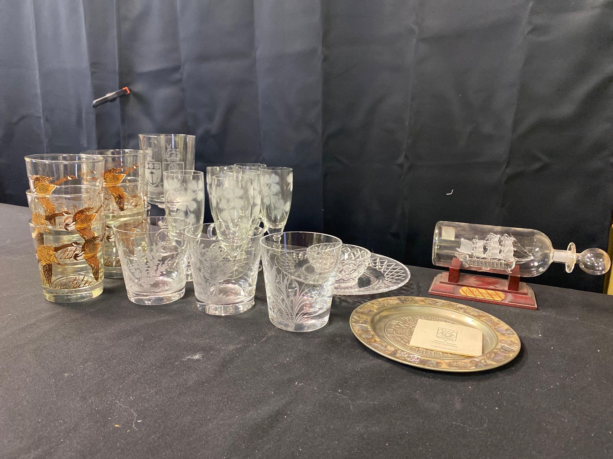 Wheel Cut Whiskey Glasses, Stemware, Ship In a Bottle