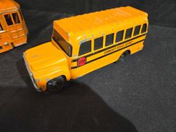 School Bus and Two Train Cars