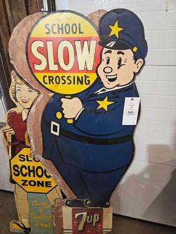 7up School Slow Crossing Metal Sign & Slow School Zone Wood Sign