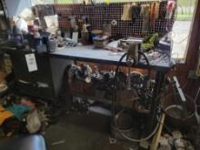 Metal work bench with 2 Vises and contents