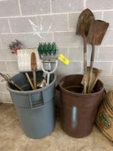 Assorted Yard Tools in Trash Cans