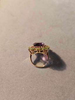 10k gold peridot, amethyst, and ruby ring