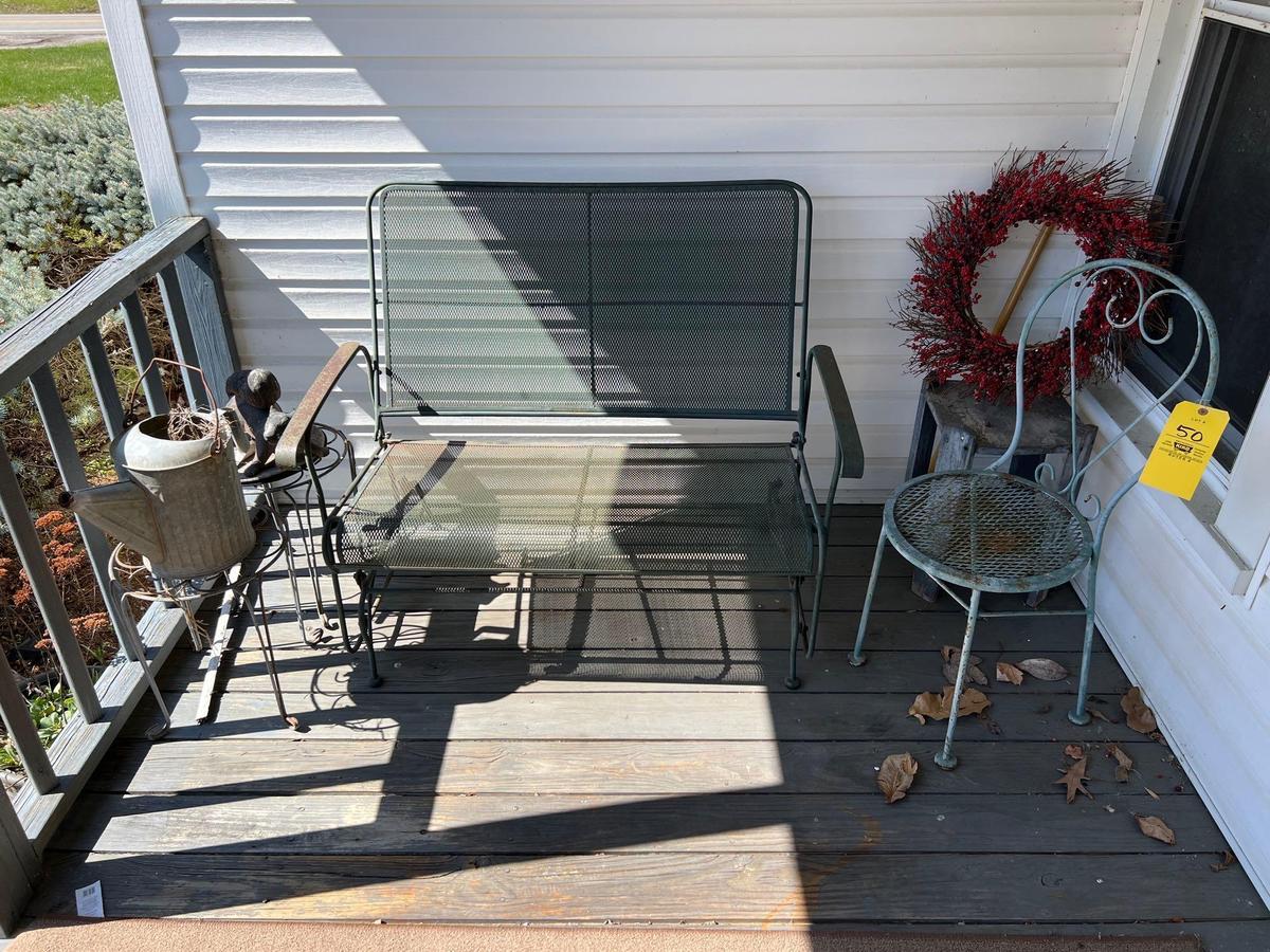 Metal Patio Glider, Patio Chair, End Tables, Galvanized Water Can