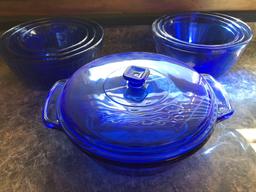 6 Pyrex and anchor nesting bowls and anchor casserole covered dish