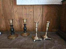 Assortment of Decor - Howard Miller Clock, Lamps, Hanging Quilt, Candlesticks