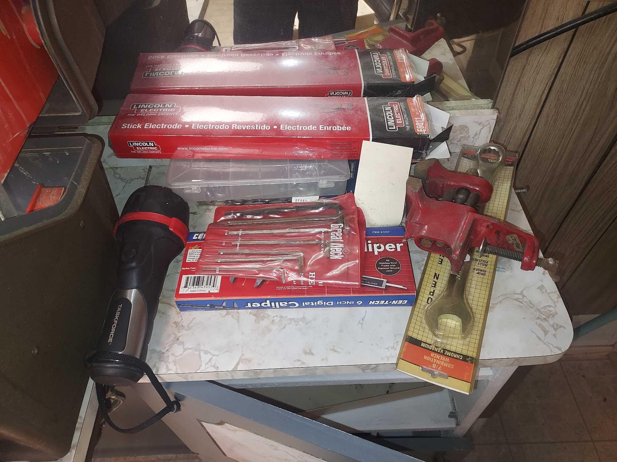 Toolbox & Contents, Pipe Wrenches, Box of Tools, & more