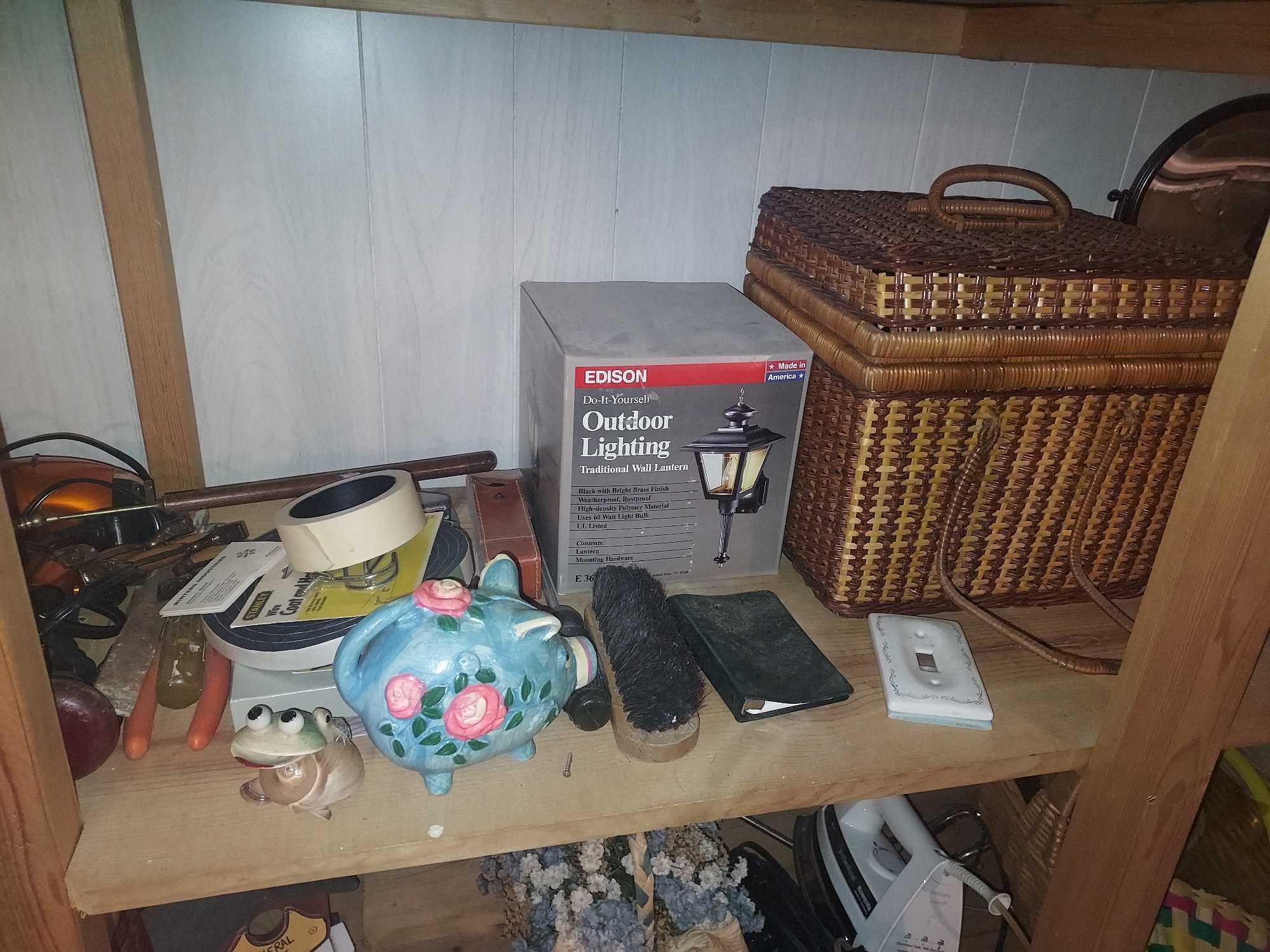 Contents of Basement Shelving - Jars, Decor, Appliances, Ironing Board, Extension Cords, Lights, &