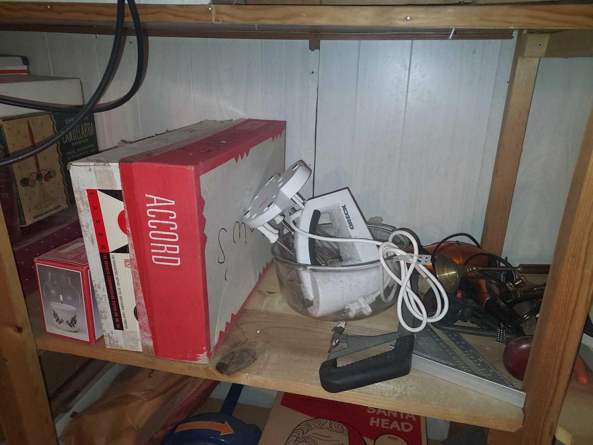 Contents of Basement Shelving - Jars, Decor, Appliances, Ironing Board, Extension Cords, Lights, &