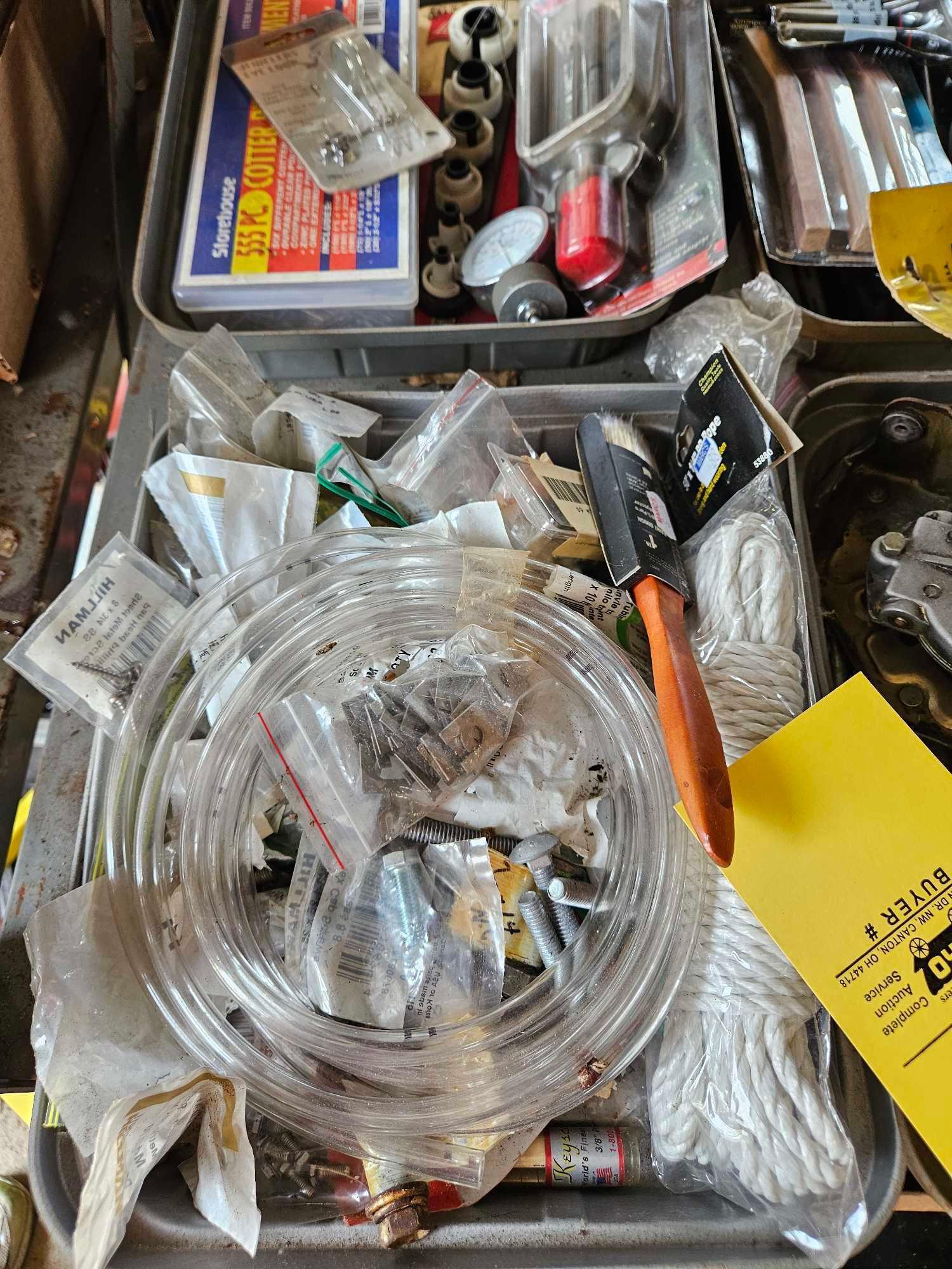 6 Metal Trays of Hardware, Wrenches, & Small Tools