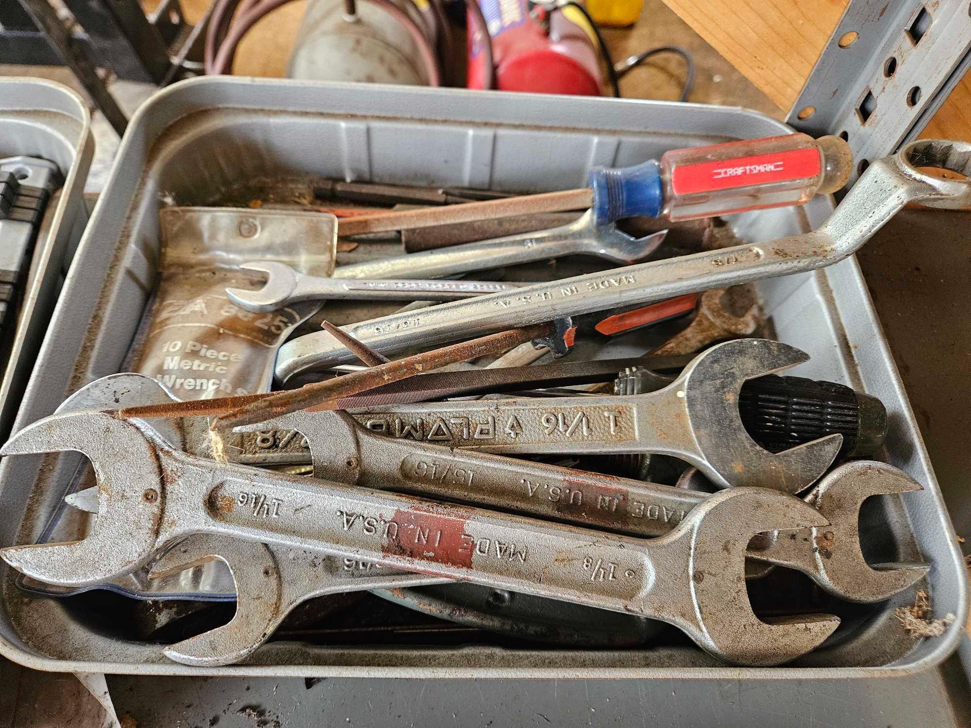 6 Metal Trays of Hardware, Wrenches, & Small Tools