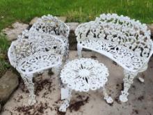 Vintage garden set: metal bench, 2 chairs and table