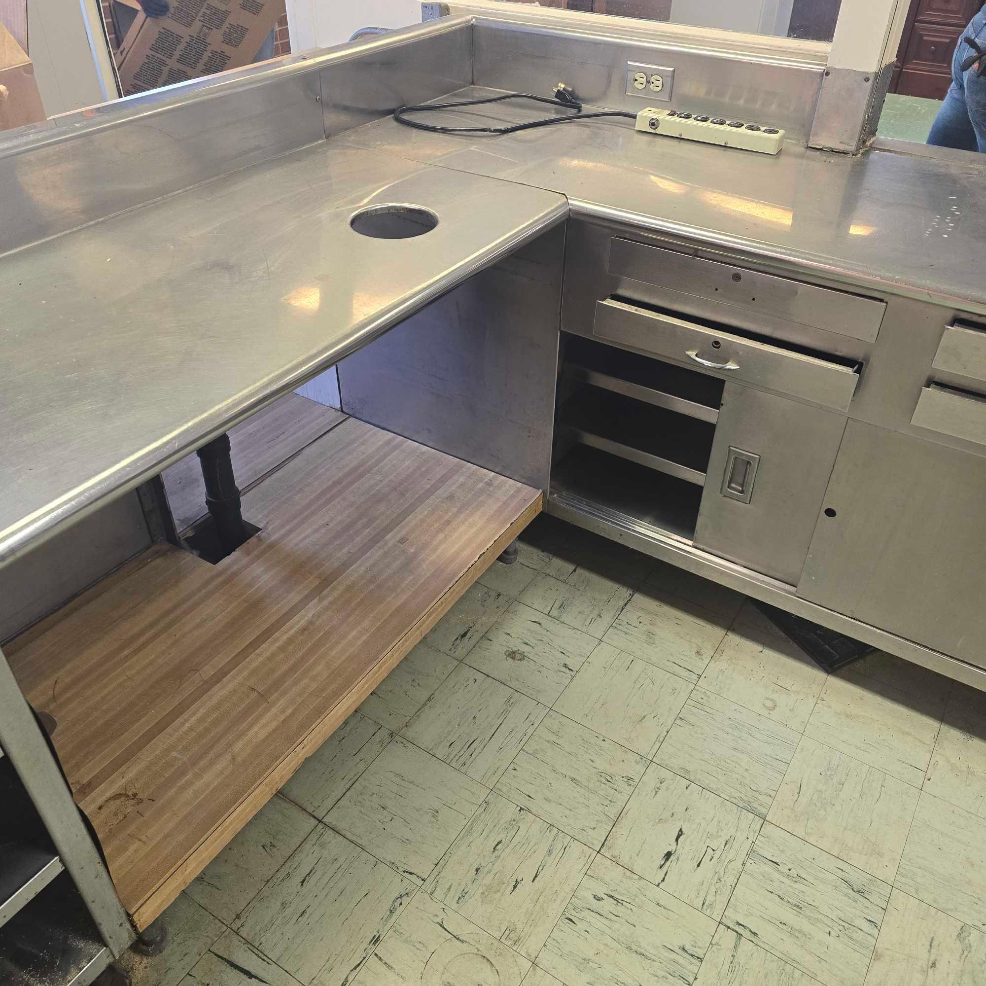 large stainless Steel counter with sink and outlets