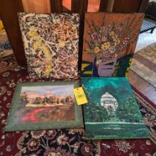 4 Handpainted Art Pieces - Flowers, 2 Landscapes, & Modern