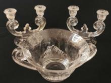 Vintage Depression glass console bowl & candlesticks