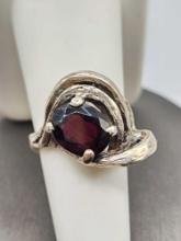 Large deep red garnet & free form sterling silver ring, size 6