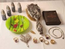 Vintage collectible lot: costume rings, old brush, tin, Santas, rhinestones