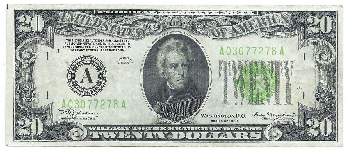 1934 $20 Federal Reserve Note - Boston