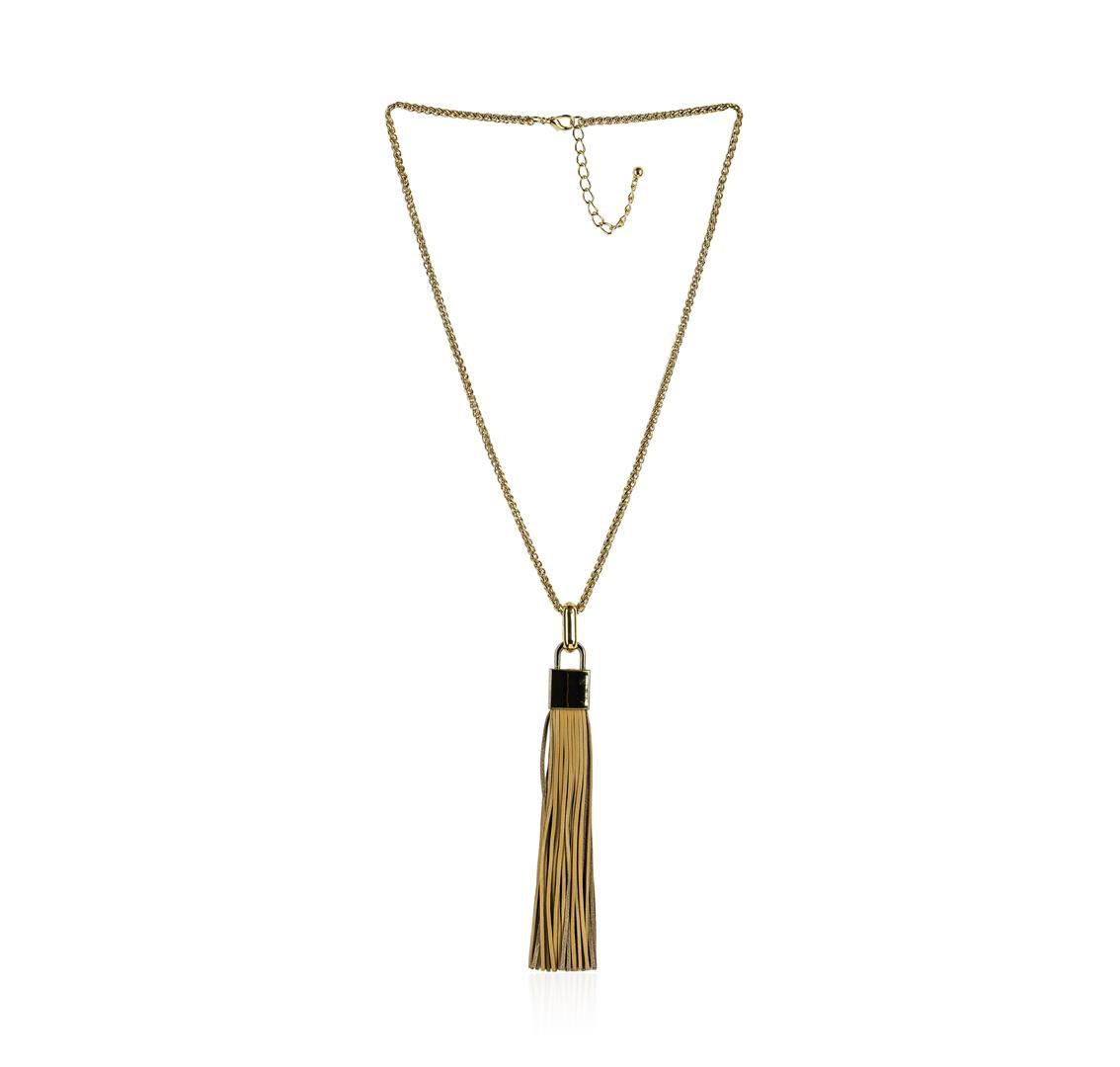 Leather Tassel Square Pendant Chain Necklace - Gold Plated