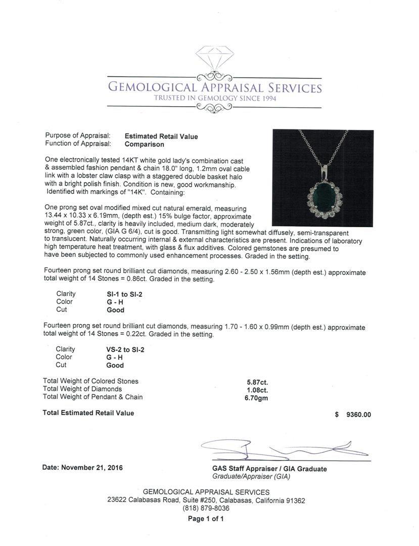 5.87 ctw Emerald and Diamond Pendant With Chain - 14KT White Gold