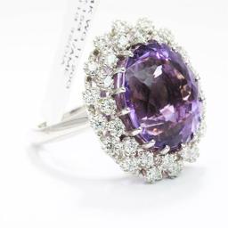 12.15 ctw Amethyst and Diamond Ring - 14KT White Gold