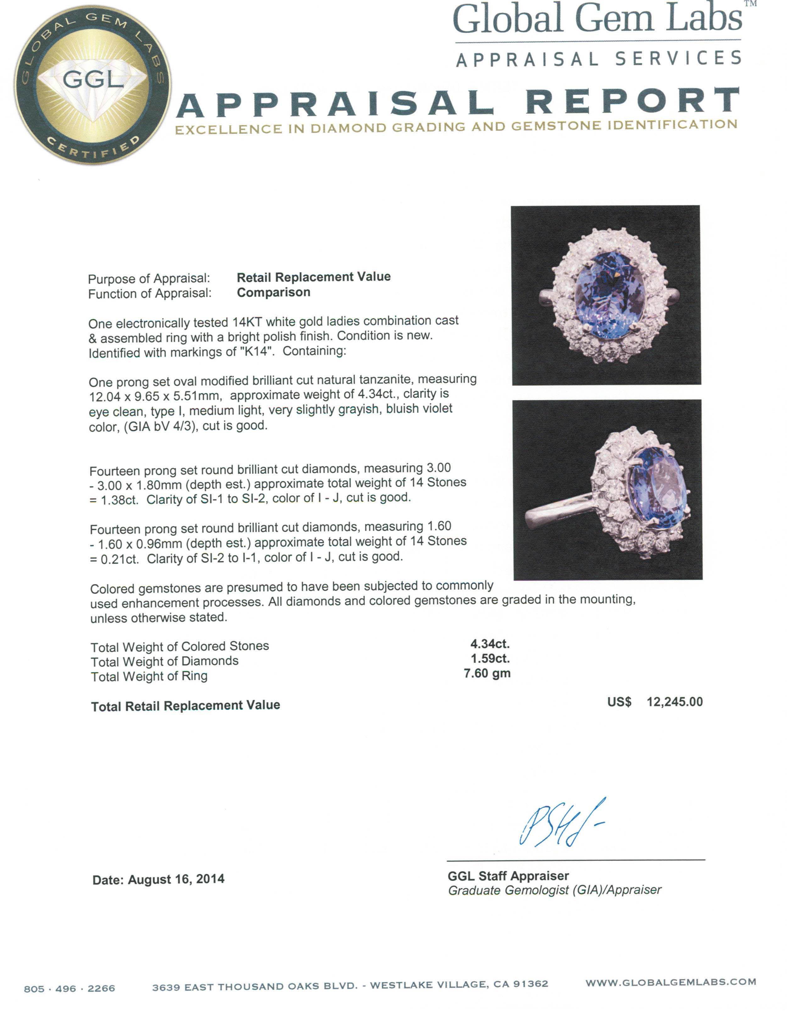 14KT White Gold 4.34 ctw Tanzanite and Diamond Ring