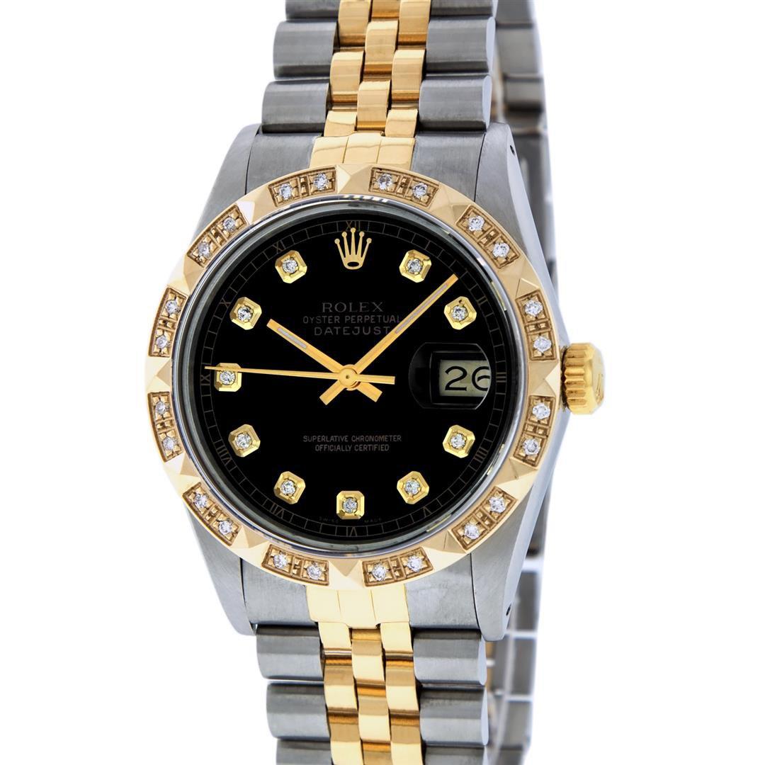 Rolex Mens Two Tone Black Diamond Pyramid Bezel Datejust Wristwatch