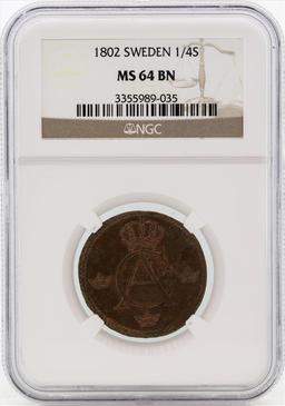 1802 Sweden 1/4 Skilling Coin NGC MS64BN