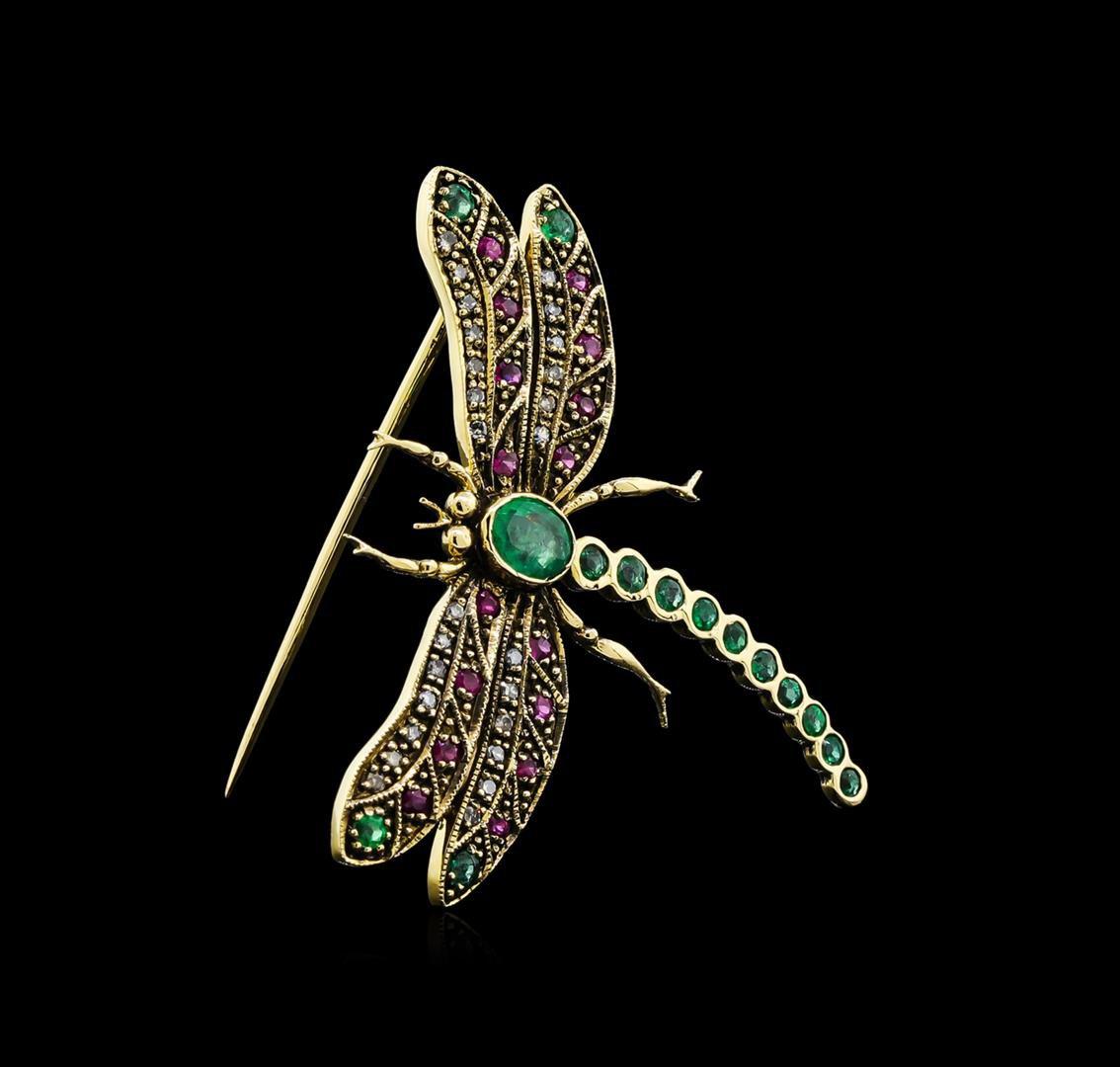 0.72 ctw Emerald, Ruby and Diamond Butterfly Brooch - 18KT Yellow Gold