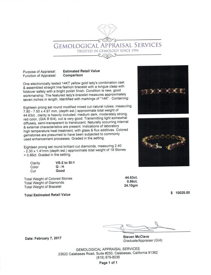 44.63 ctw Ruby and Diamond Bracelet - 14KT Yellow Gold