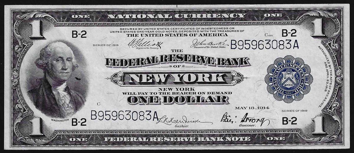 1918 $1 Federal Reserve Bank Note New York