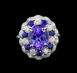 14KT White Gold 3.90 ctw Tanzanite, Sapphire and Diamond Ring