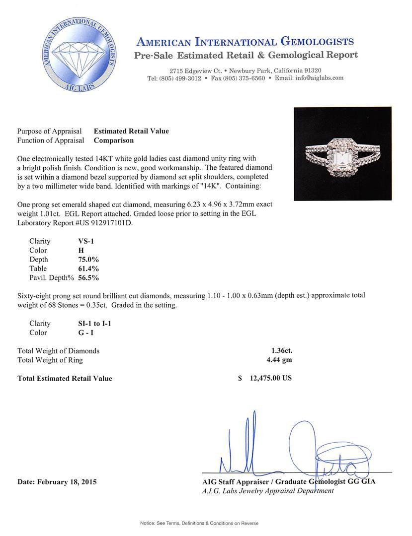 14KT White Gold EGL USA Certified 1.36 ctw Diamond Ring