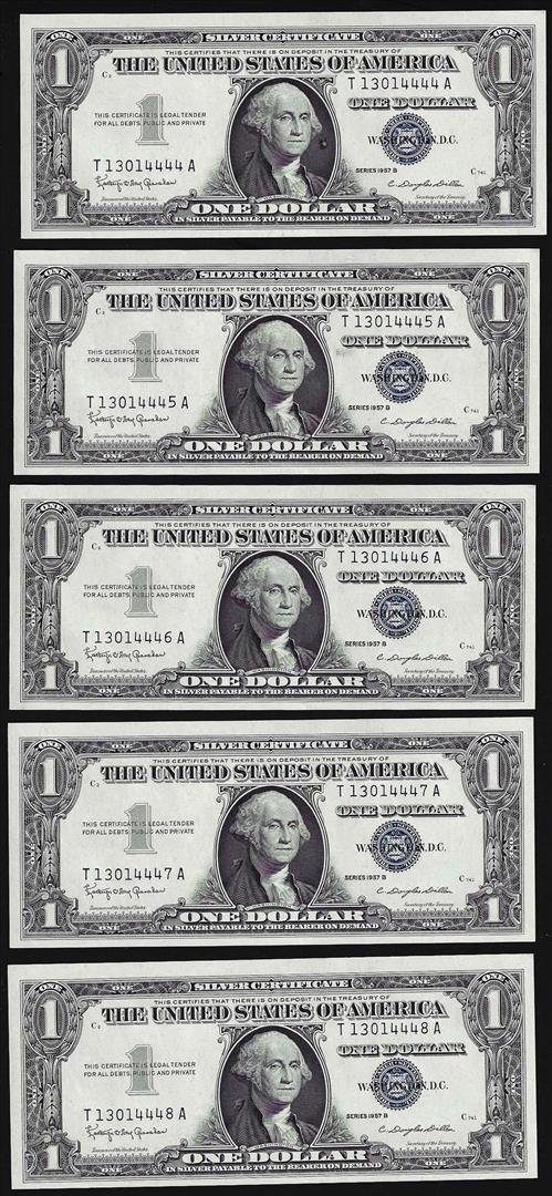 Lot of (5) Consecutive 1957 $1 Silver Certificate Notes Uncirculated