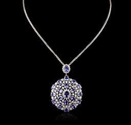 14KT White Gold 18.08 ctw Tanzanite and Diamond Pendant With Chain