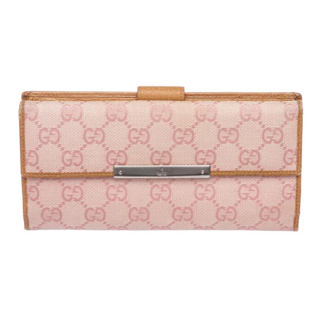 Gucci Pink Beige Canvas Leather Monogram Long Wallet