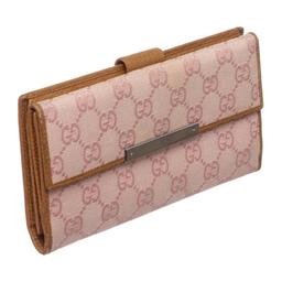 Gucci Pink Beige Canvas Leather Monogram Long Wallet