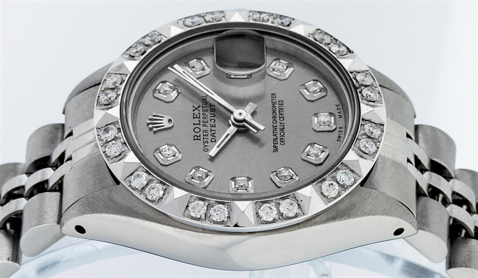 Rolex Ladies SS Slate Grey Diamond Pyramid Bezel Datejust Wristwatch