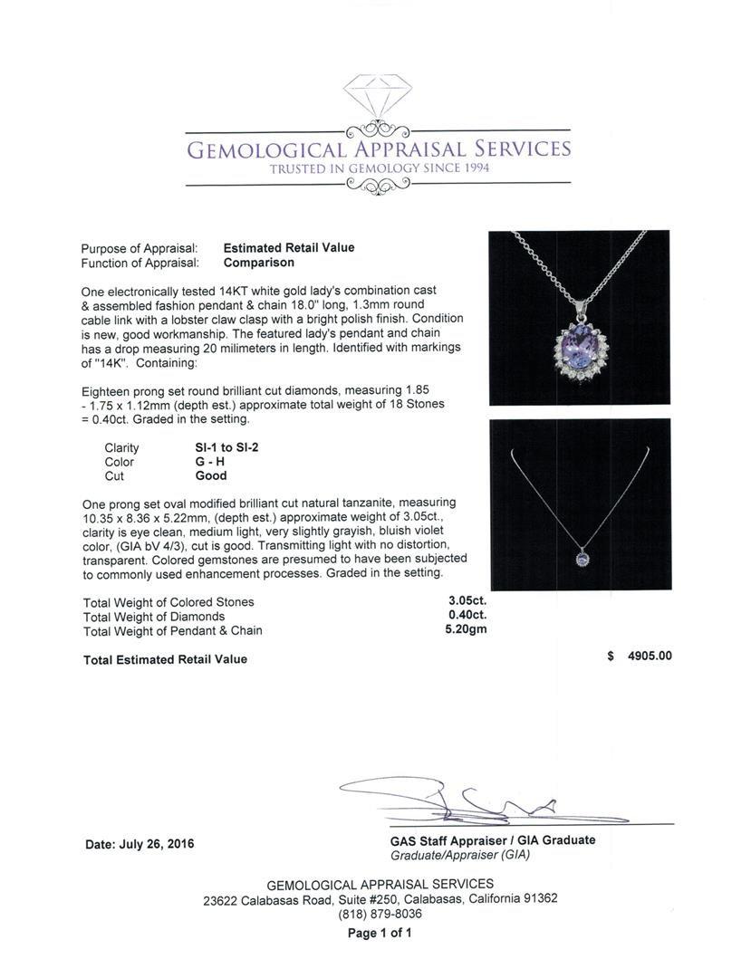 3.05 ctw Tanzanite and Diamond Pendant With Chain - 14KT White Gold