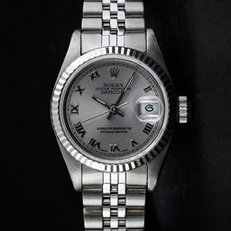 Ladies Rolex Stainless Steel Quickset Slate Grey Roman Datejust Wristwatch