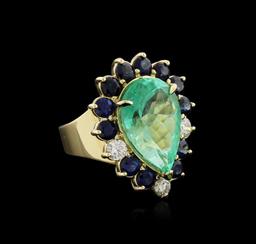14KT Yellow Gold GIA Certified 15.98 ctw Emerald, Sapphire and Diamond Ring