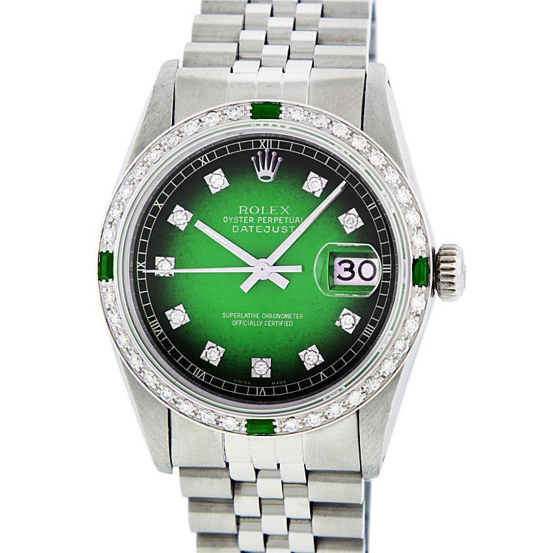 Rolex Mens Stainless Steel Green Vignette Diamond And Emerald Datejust Wristwatc