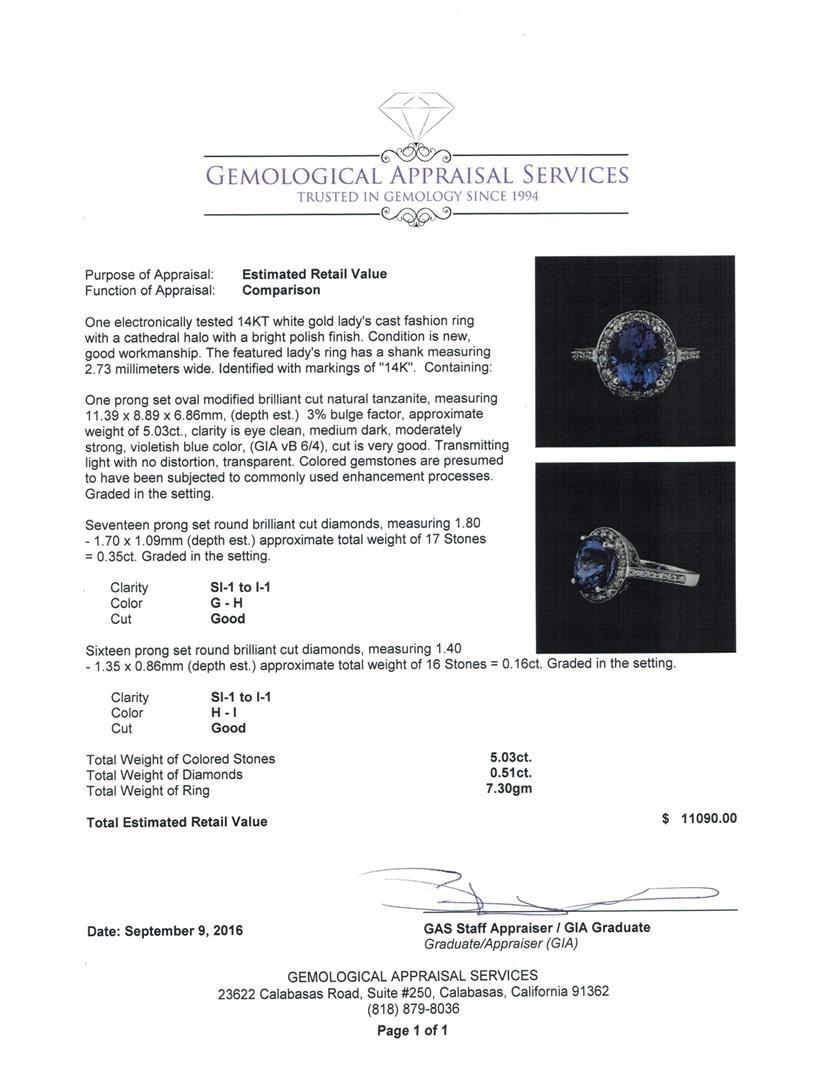 5.03 ctw Tanzanite and Diamond Ring - 14KT White Gold