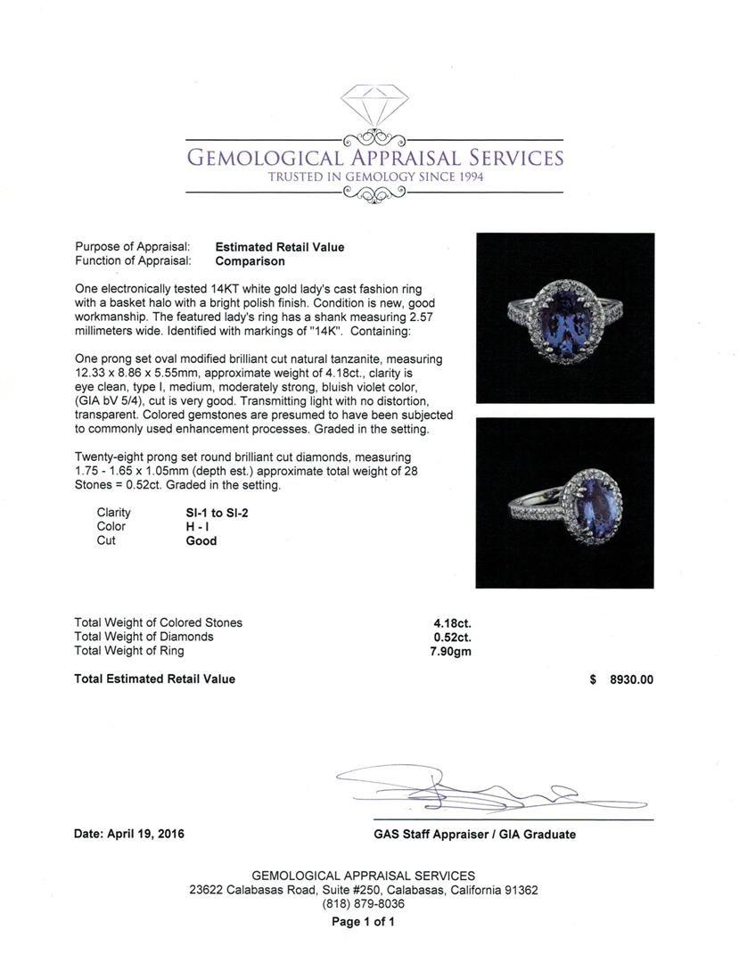 4.18 ctw Tanzanite and Diamond Ring - 14KT White Gold