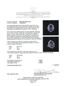 GIA Cert 16.34 ctw Tanzanite and Diamond Ring - 14KT White Gold