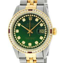 Rolex Mens 2T Green String Diamond & Ruby Datejust Wristwatch