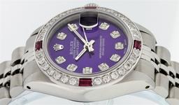 Rolex Stainless Steel Purple Diamond and Ruby DateJust Ladies Watch