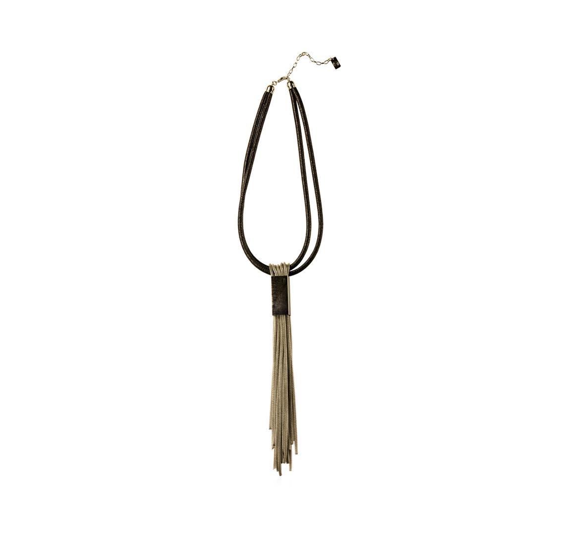 Leather/Mesh Tassel Necklace - Rhodium Plated